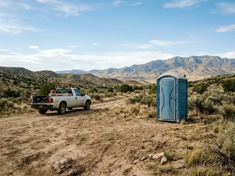 Portable Toilet — Remote Location — Portable Toilet, Pickup Truck, Dirt Road, Remote Location, Portable Toilet Rental in Alv…